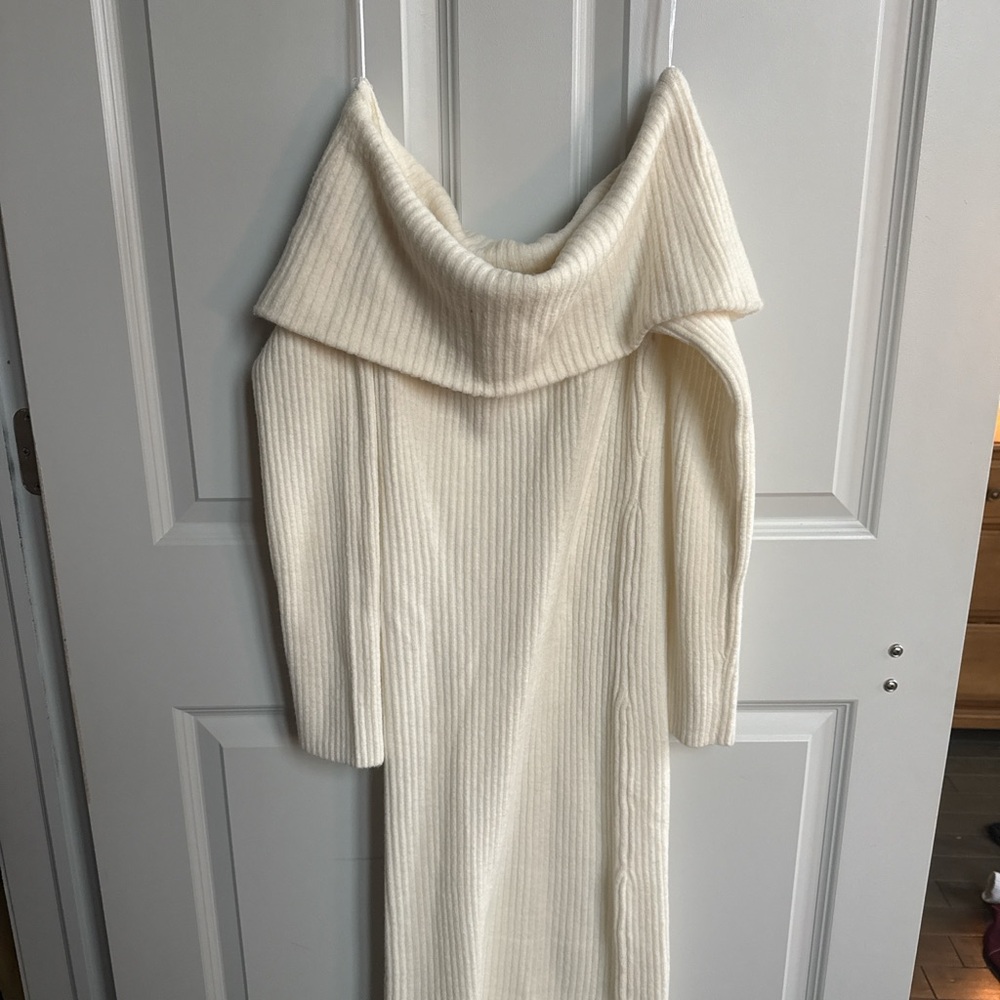 H&M Cream Ribbed Off-Shoulder Dress